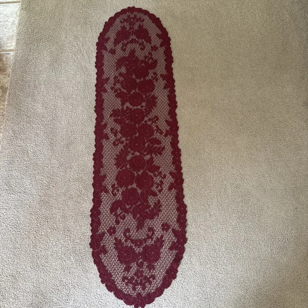 Burgundy Rose Lace Table Runner 52x14 Floral Scalloped Victorian Vtg